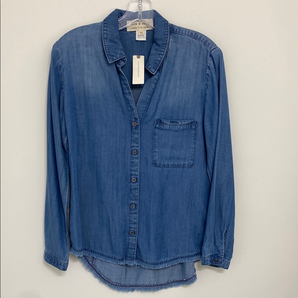 Cloth & Stone | Anthropologie Blue Denim Button Down Top Fringed Hem X-small